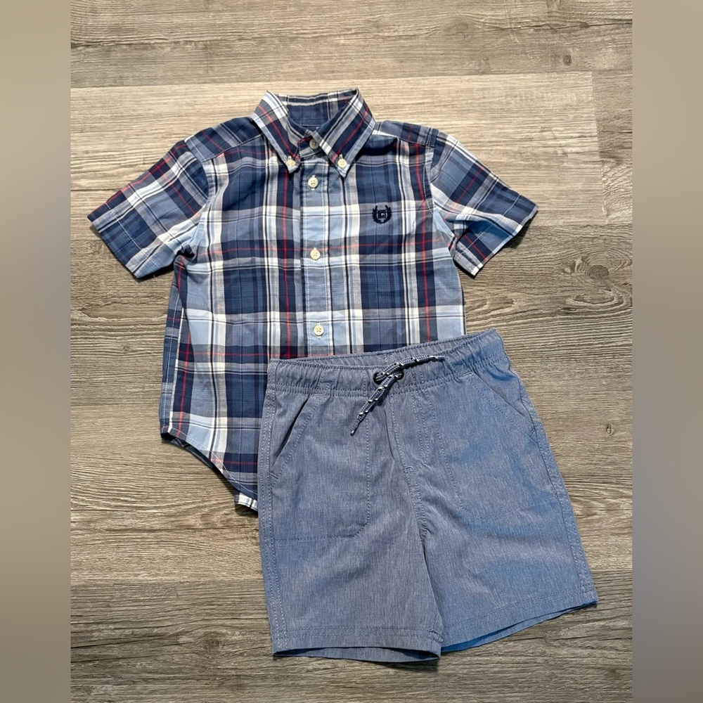 Chaps Boys Blue Plaid Shirt with Shorts. 
Boys size 2T